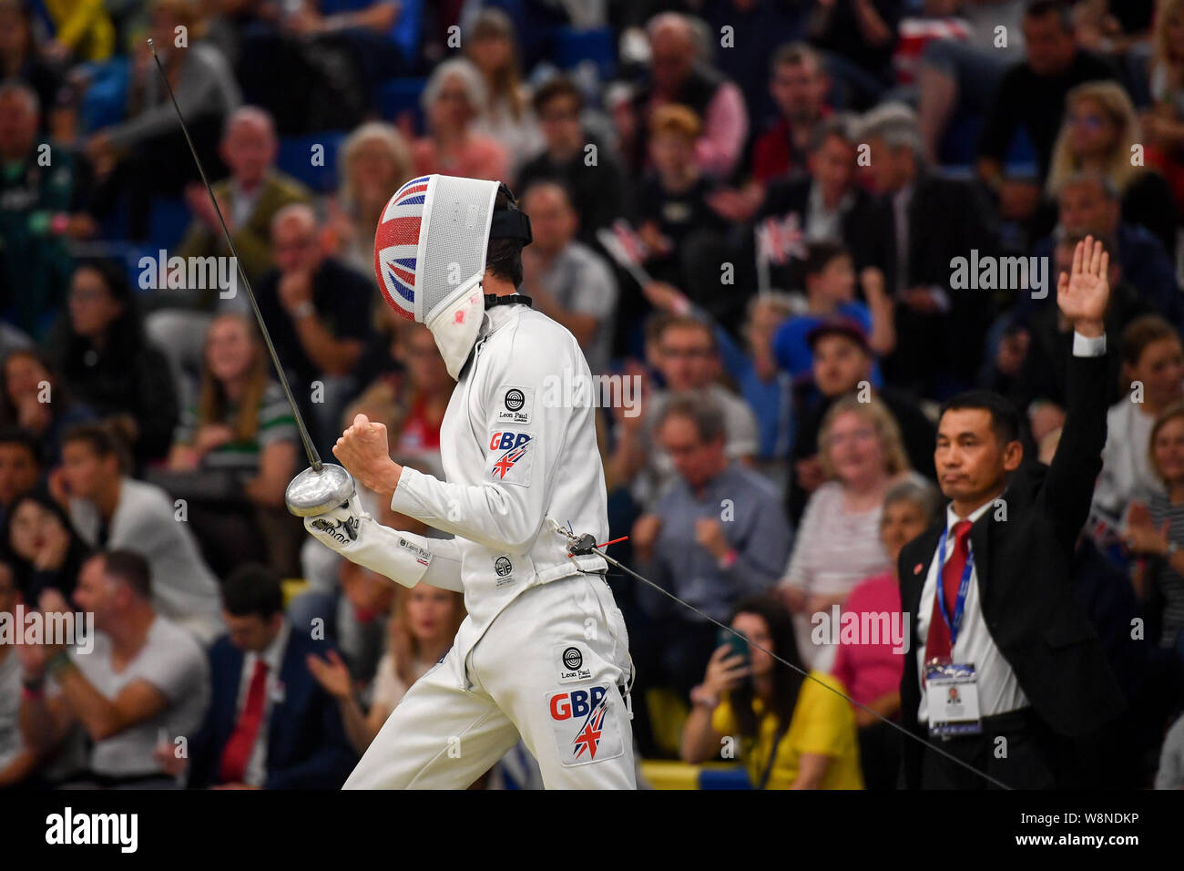 James Cooke of Great Britain celebrates during the fencing on day five of the 2019 European Modern Pentathlon Championships at the University of Bath. Stock Photo