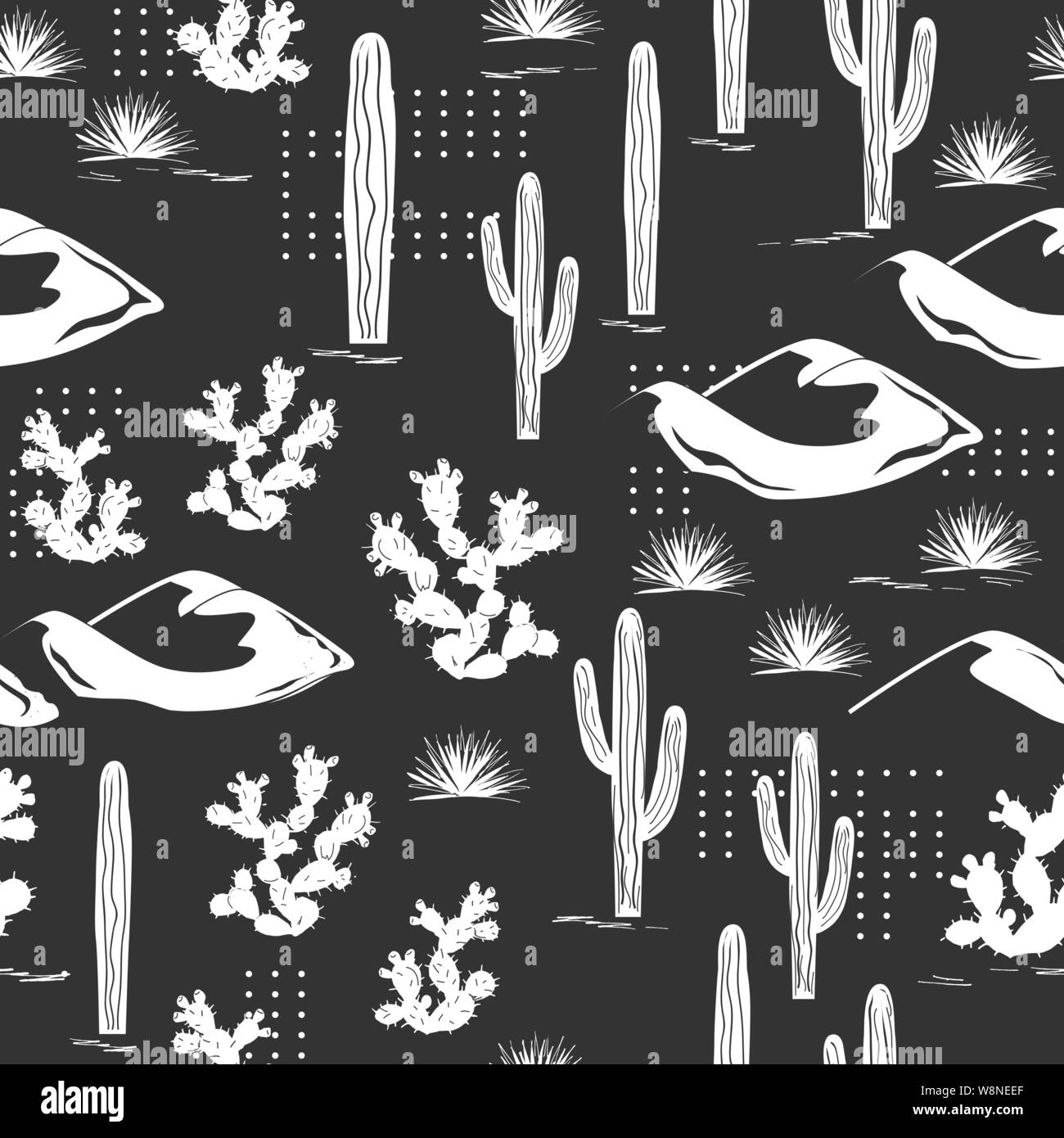 Vector graphic seamless pattern with desert dunes, saguaro cactuses, prickly pear, and dots. Stylish adventure background for teens, cards, textile or Stock Vector