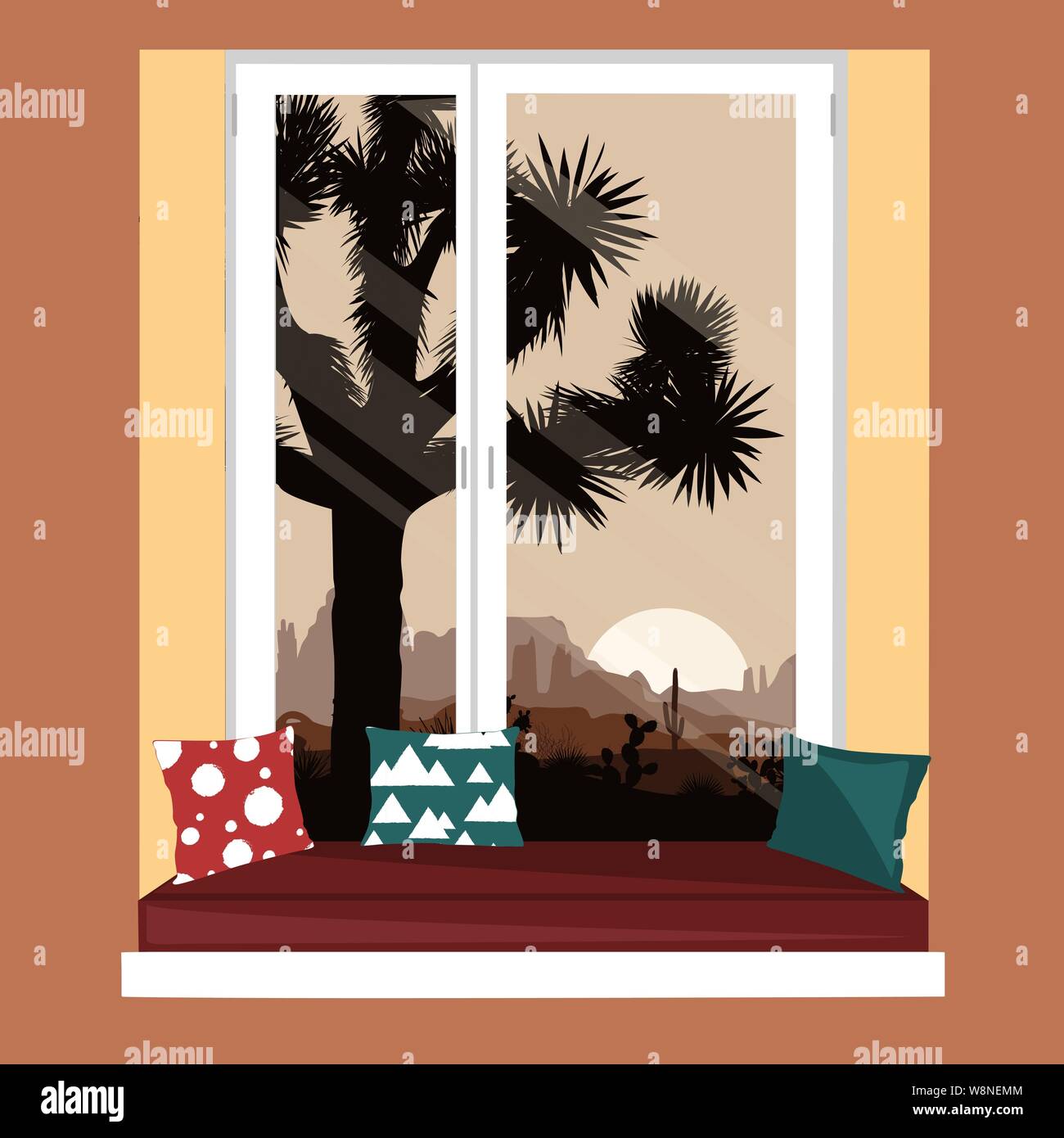 The sofa on the window sill with the mountains desert view. Morning landscape with Joshua tree and mountains over sunrise. Vector illustration. Stock Vector