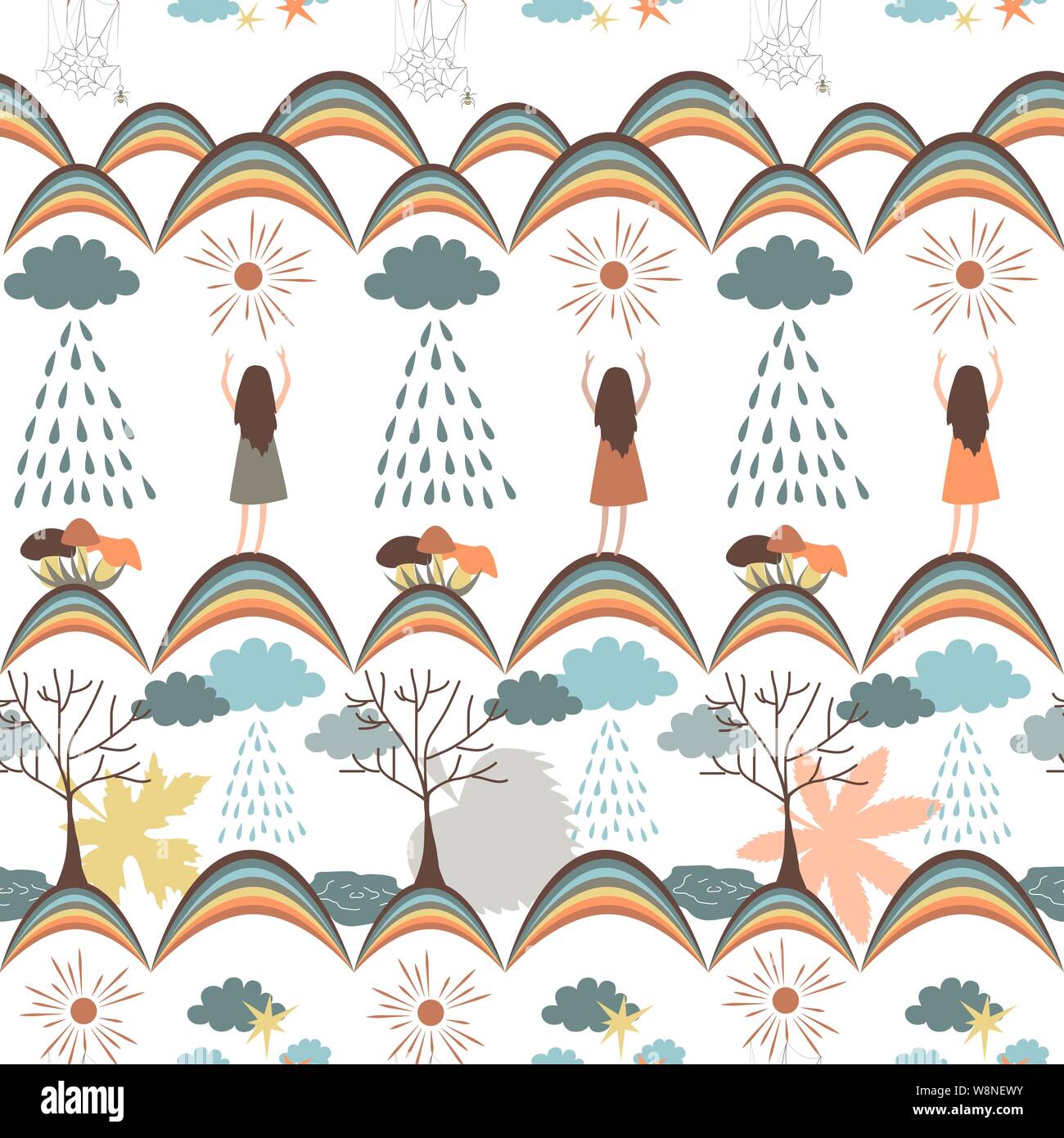 Autumn seamless pattern. Tribal vector backround with rainy clouds, rainbows, girls, rainy clouds, suns, trees, and mushrooms. Stock Vector