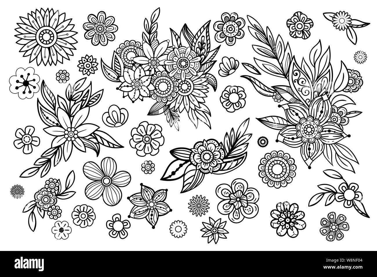 Hand drawn leaves and flowers collection. Floral design elements set. Black and white vector illustration in doodles style. Isolated on white background. Stock Vector