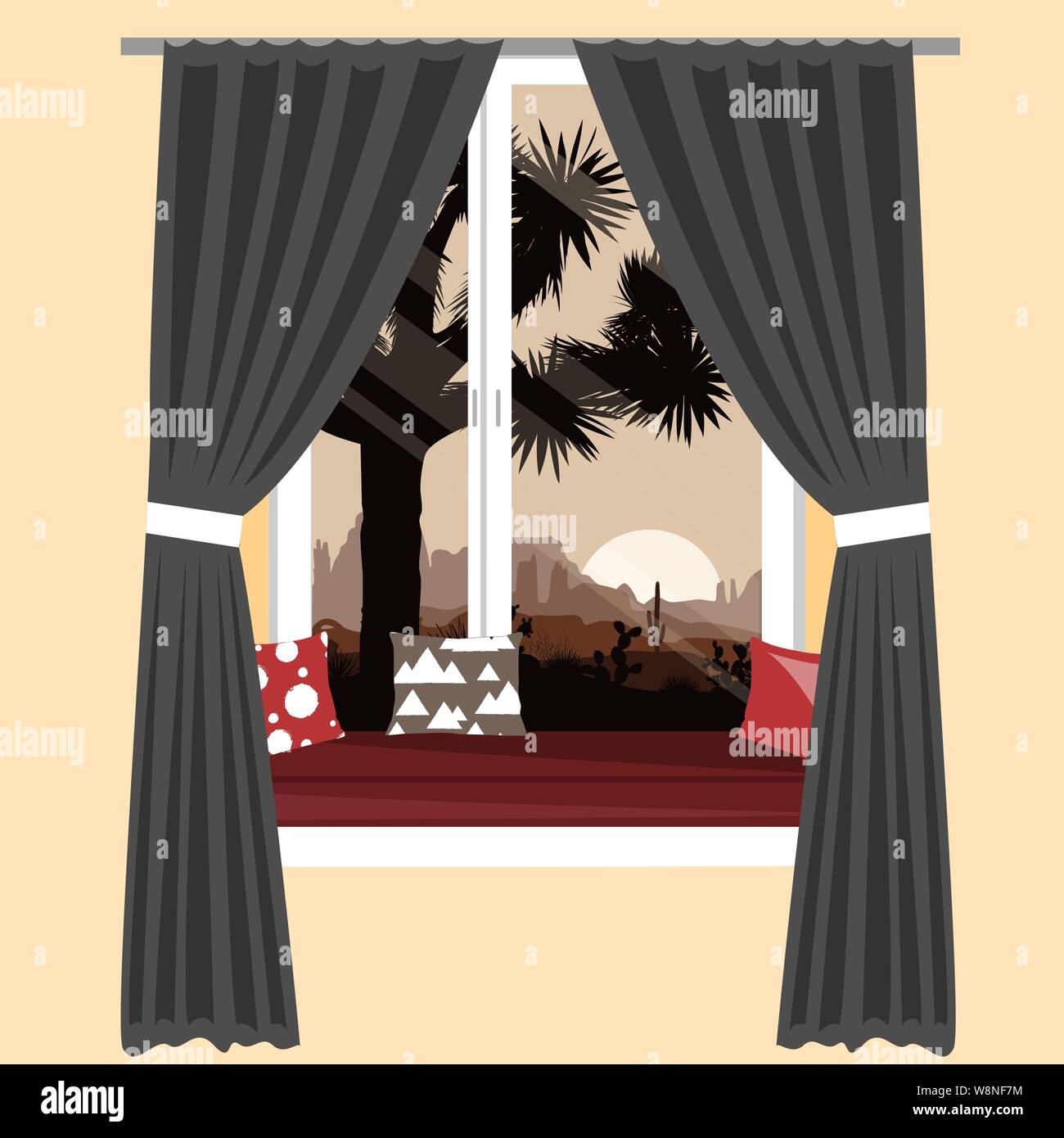 The cozy sofa on the window sill with the beautiful mountains desert view. Vector illustration, interior design element. Stock Vector