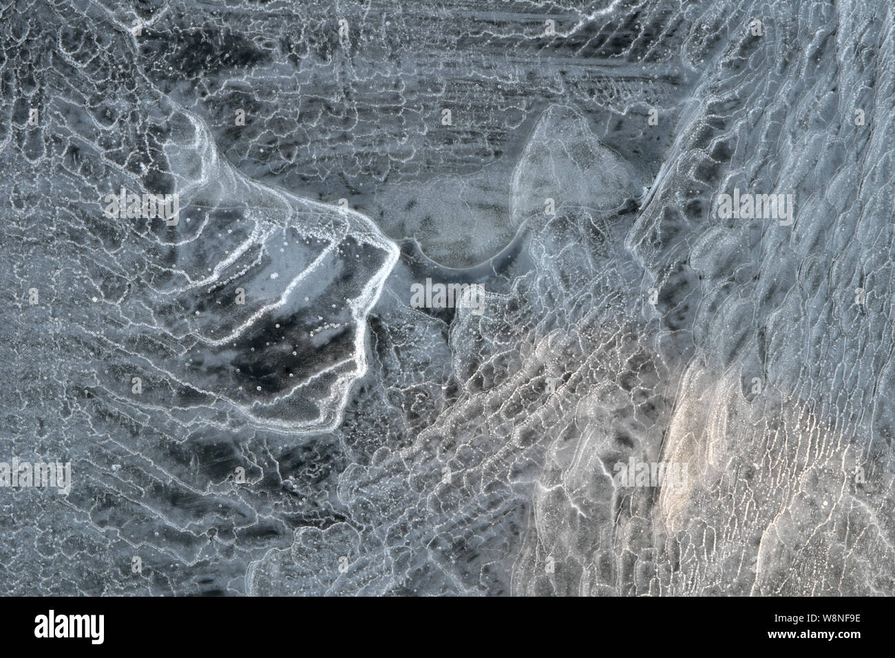 Sunlight highlights stress lines on fractured ice in a pond, revealing