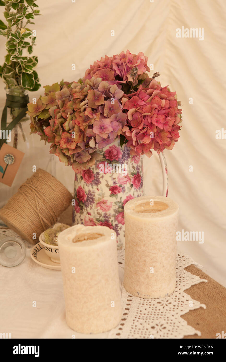 Vintage Country Wedding Floral Candle Decorations Stock Photo