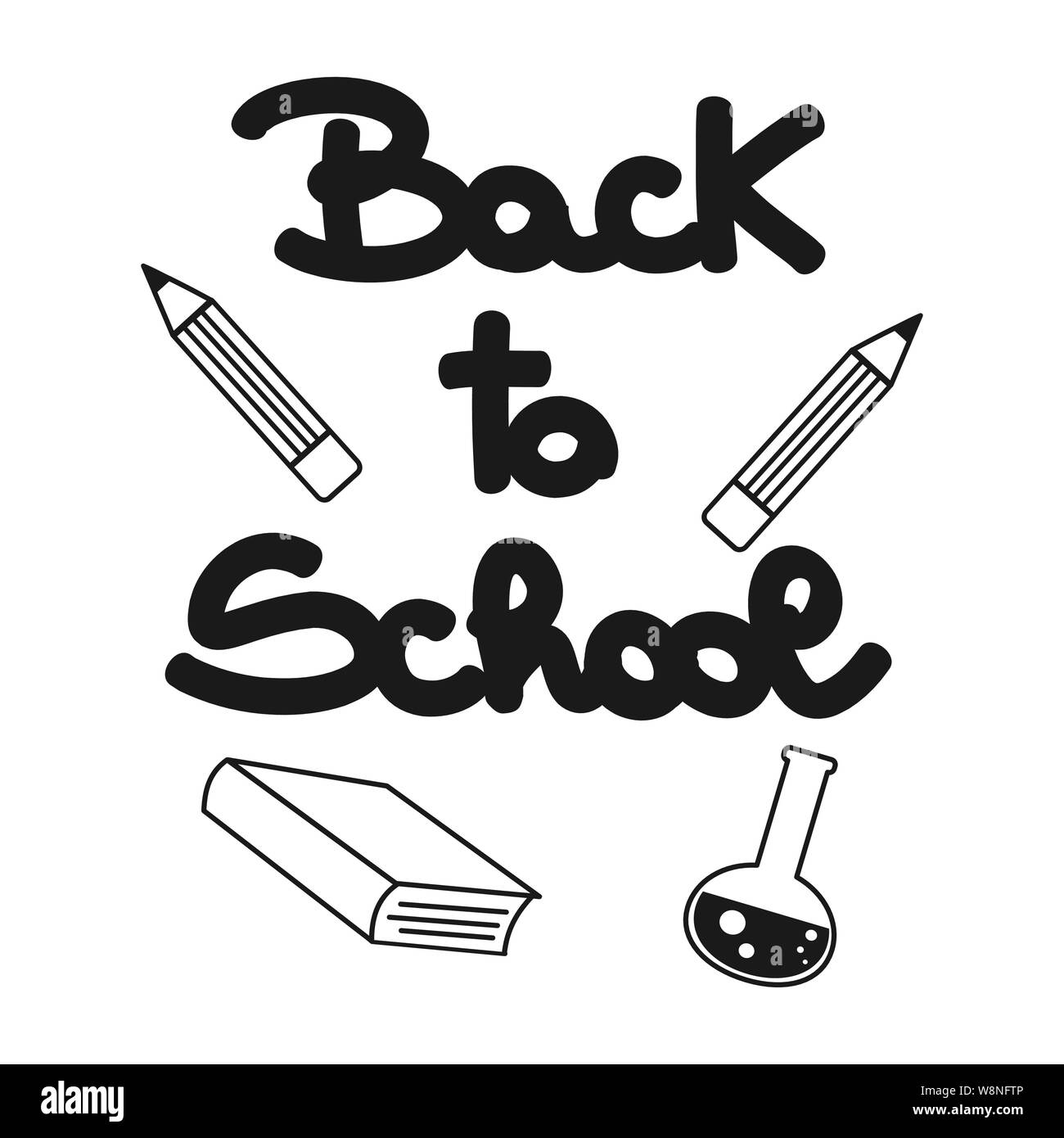 cute hand drawn lettering back to school quote with education equipment ...