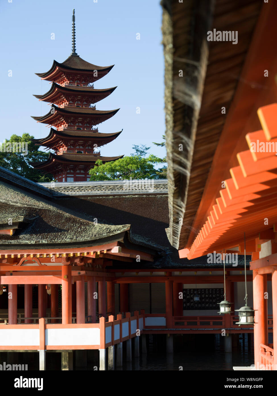 Wooden pagoda on horizon surrounded by red temple archtitecture Stock Photo Alamy