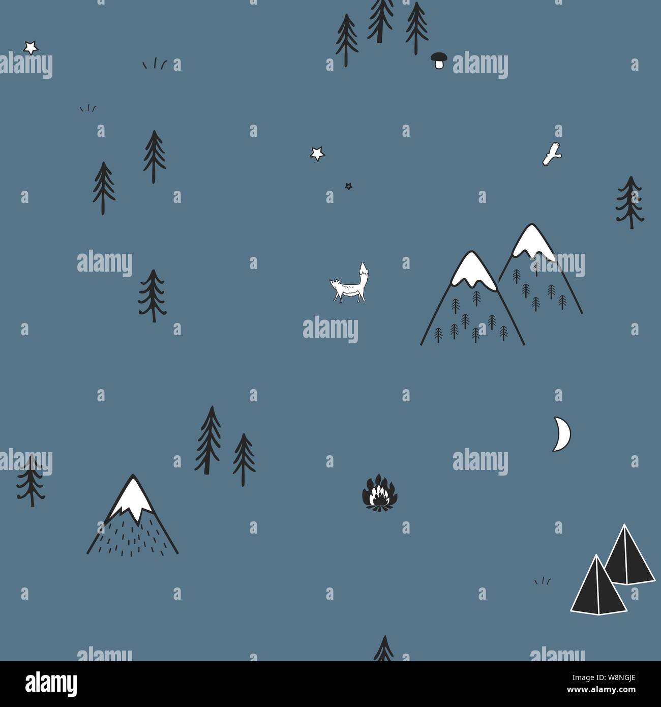 Cute hand drawn seamless pattern with camping tents, fire, trees, and mountains. Creative scandinavian woodland background. Forest. Vector Stock Vector