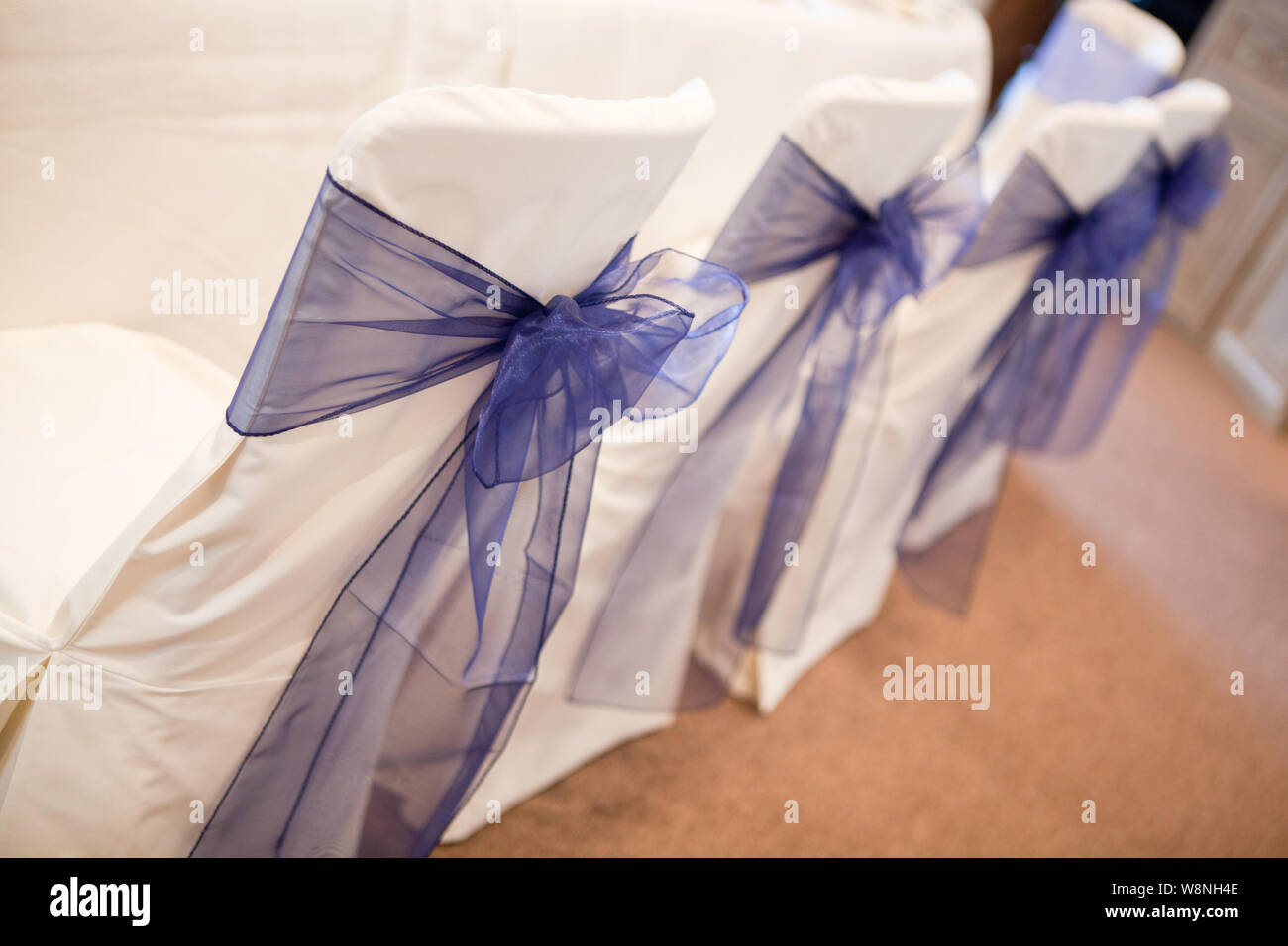 White Chair Covers with Purple Oranza Bows Stock Photo