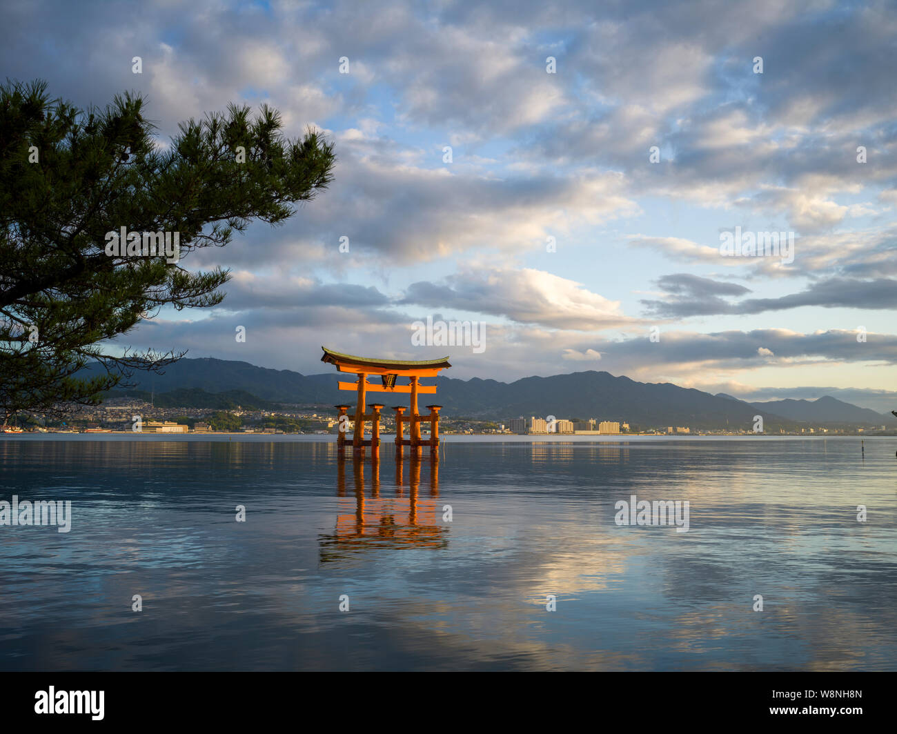 Sunrise at floating torii in Japan on Miyajima Island Stock Photo