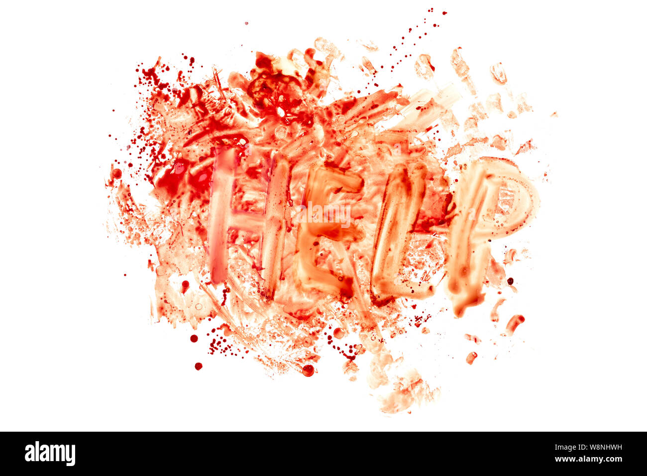 blood splatter with word HELP isolated on white background in top-down flat lay perspective Stock Photo