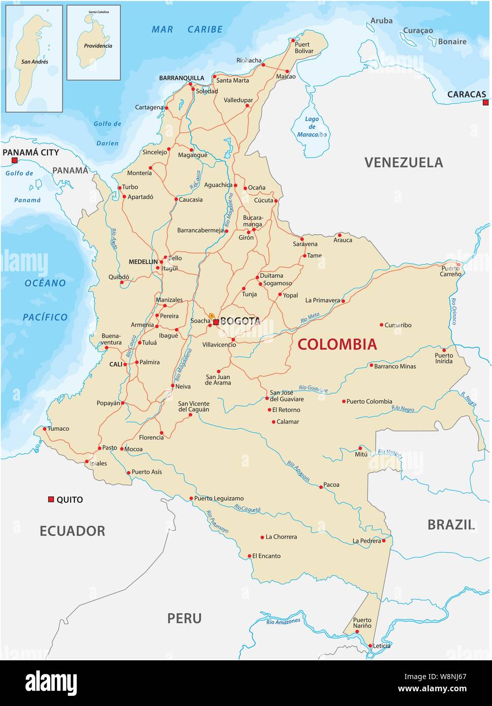 Map with the main roads and rivers of Colombia Stock Vector