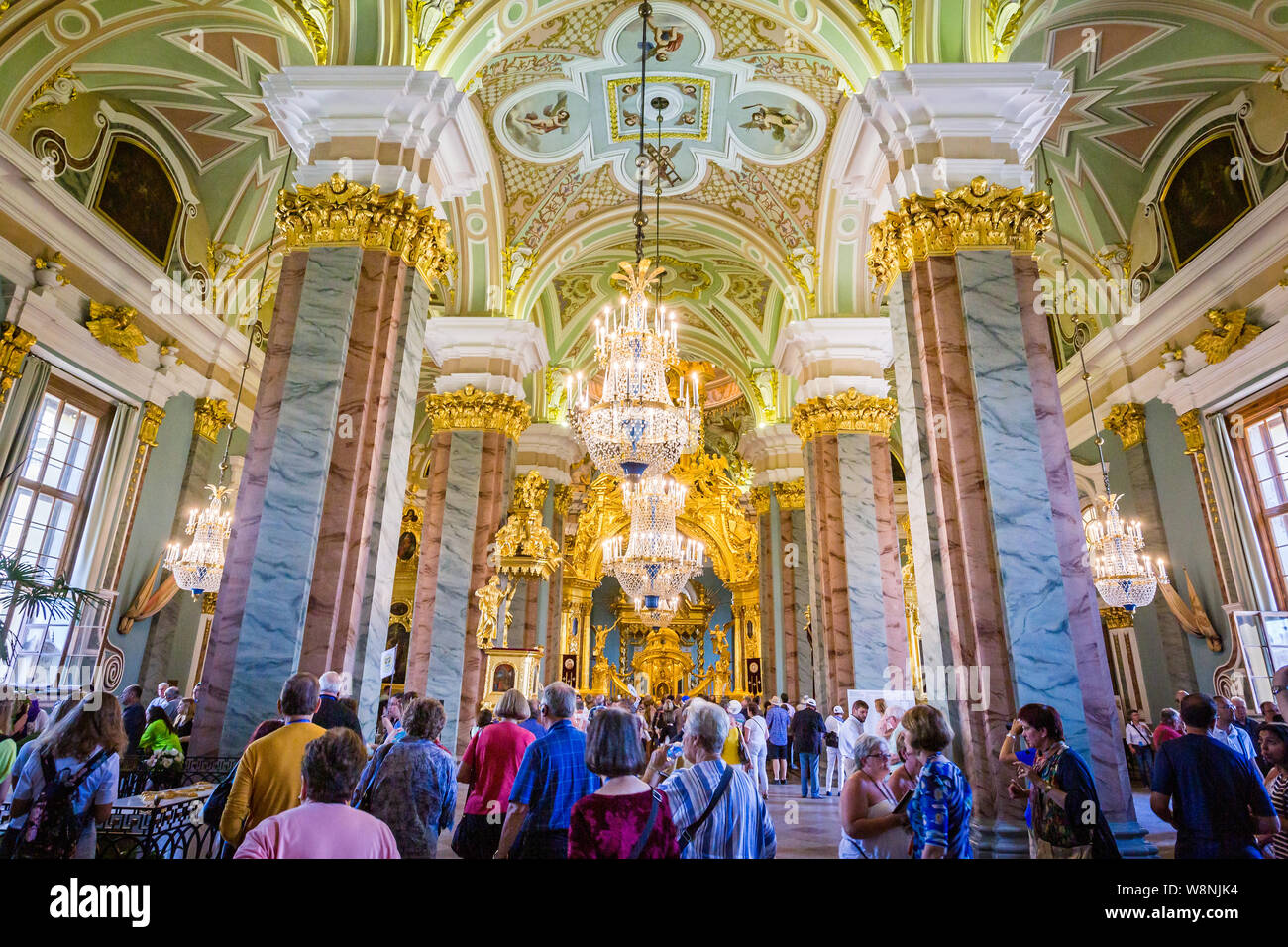 The ornate interior and chandeliers inside the Peter and Paul cathedral in the Peter and Paul Fortress, St Petersburg, Russia on 22 July 2019 Stock Photo