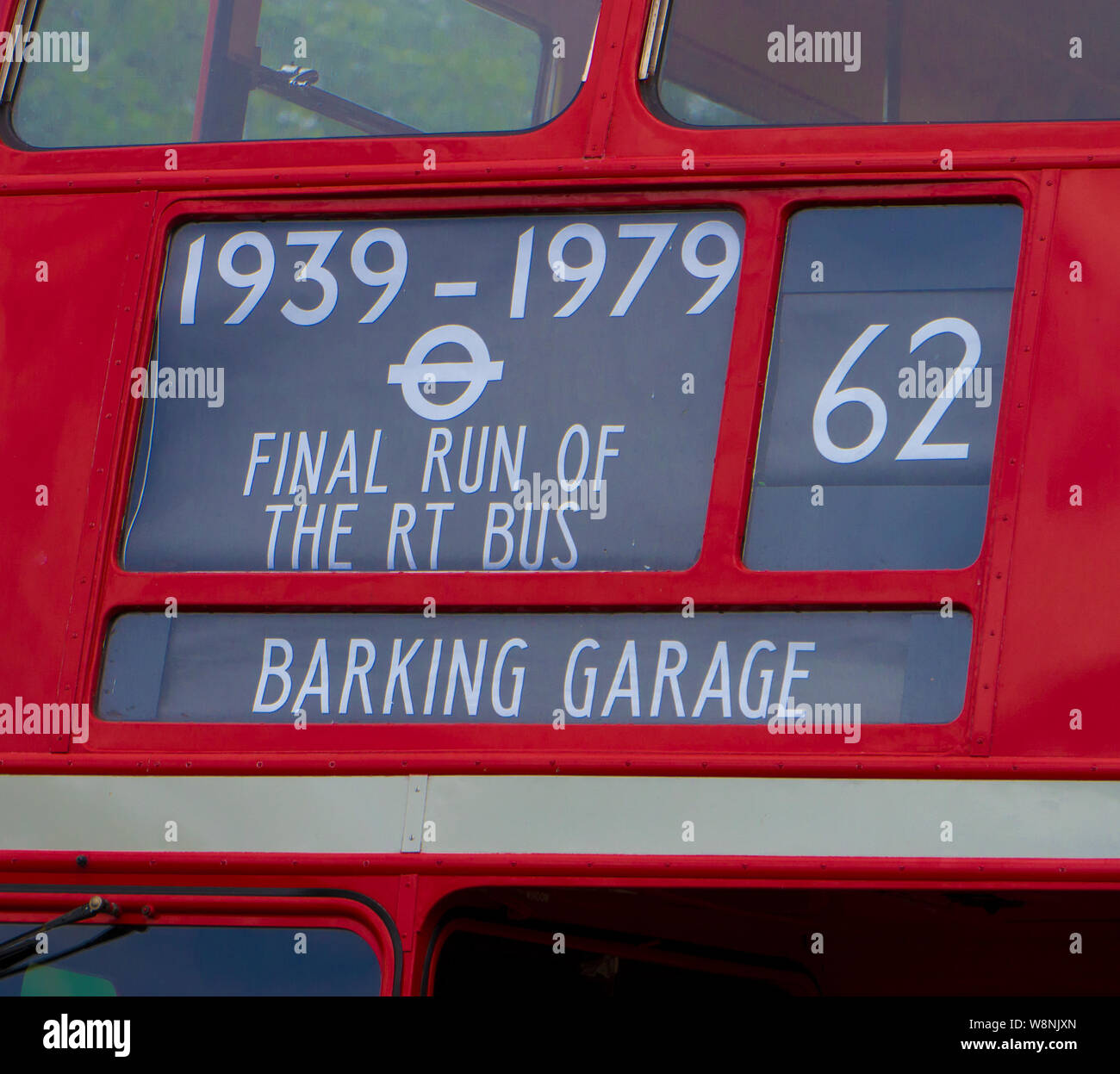 Destination blind for the final run of the iconic London RT Bus The very last RT in service, operated on route 62 from Barking Garage on 7 April 1979. Stock Photo