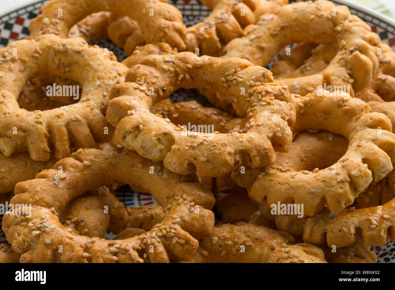 Traditional dish with festive Moroccan Kaak, anise cookies Stock Photo