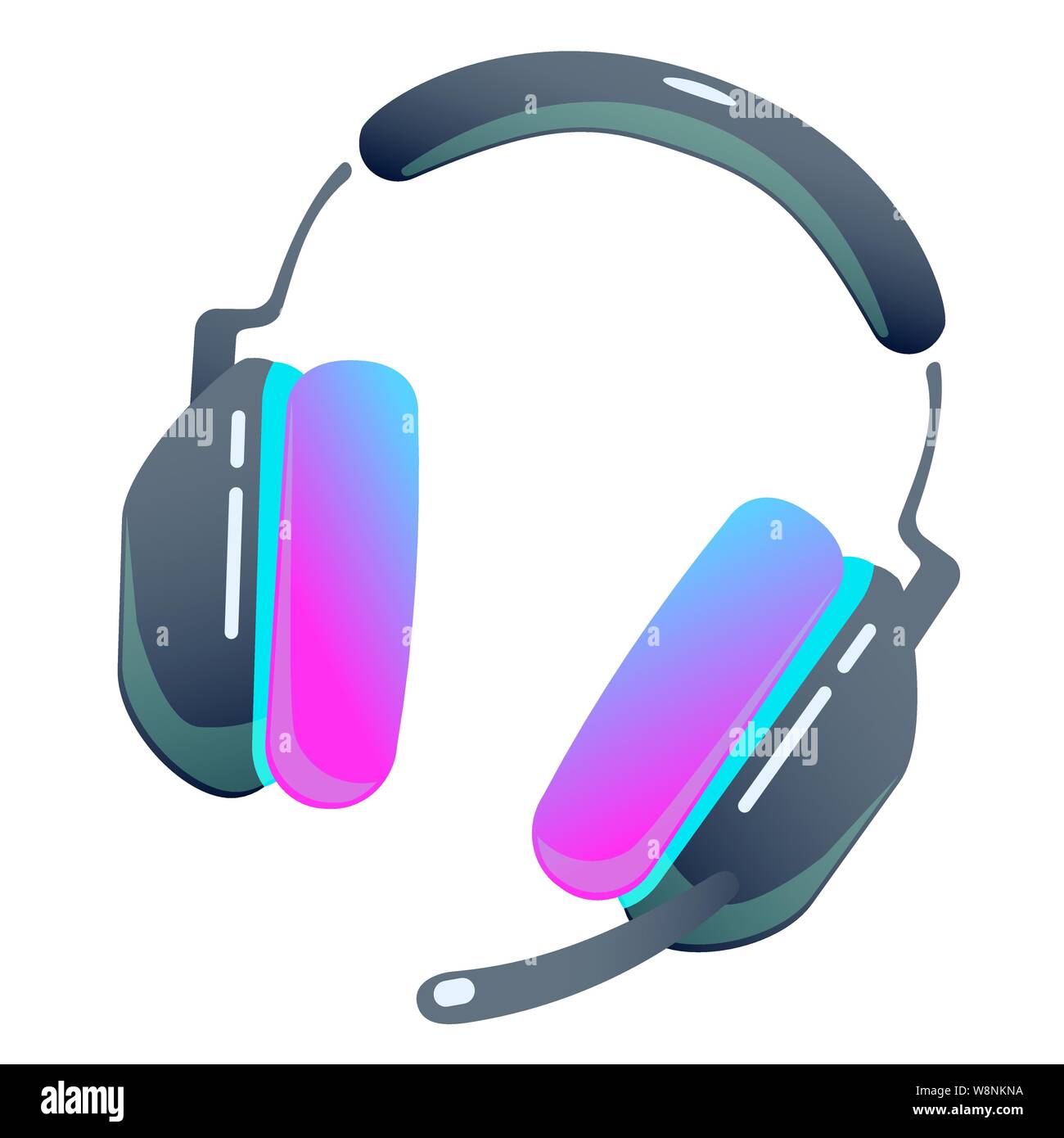 Dark computer gaming headset with microphone on isolated background, bright  flat icon with pink and blue colors. white back vector Stock Vector Image &  Art - Alamy