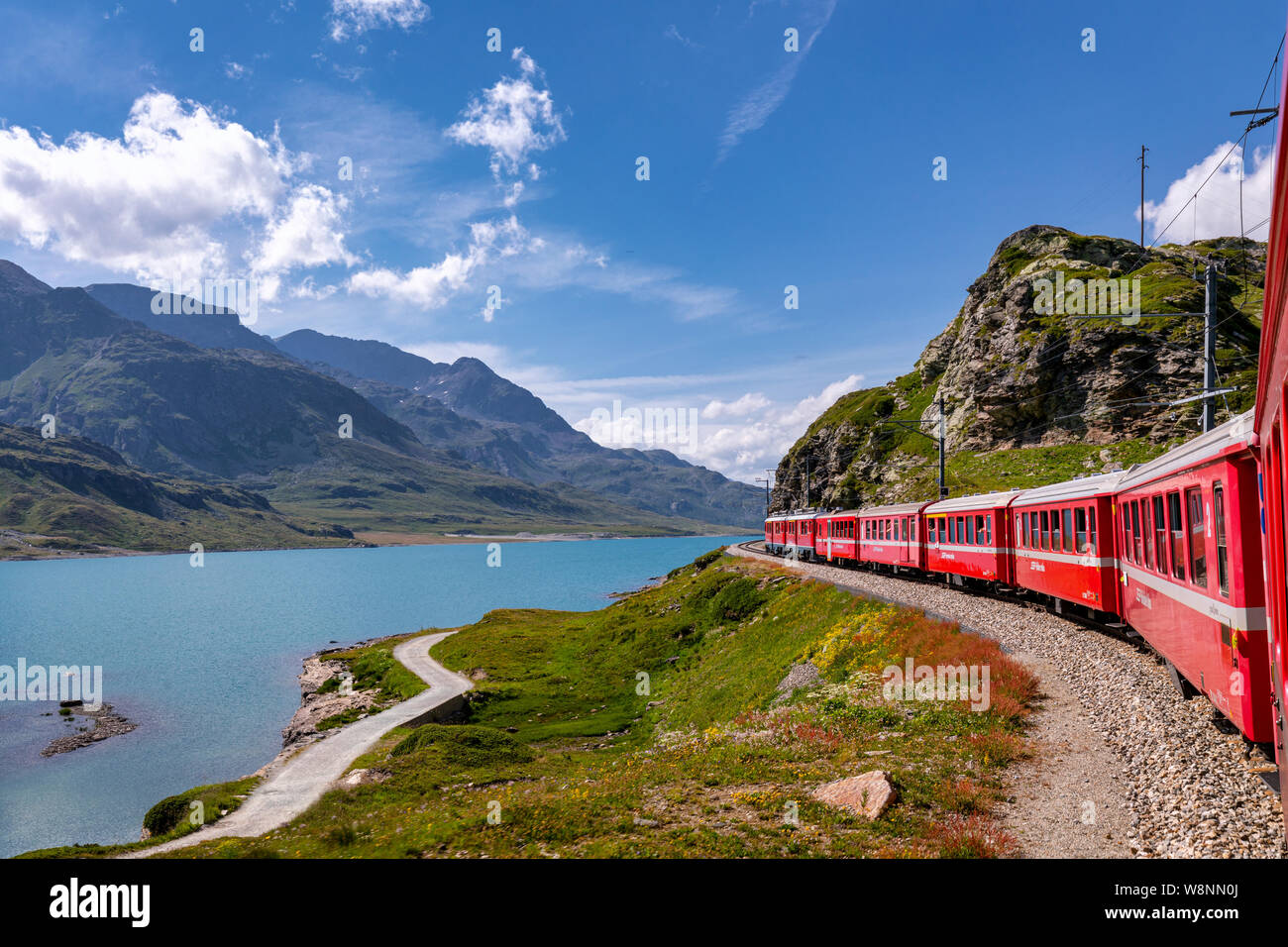 Rhaetian Railway, Bernina Express at Lago Bianco lake, Bernina Pass