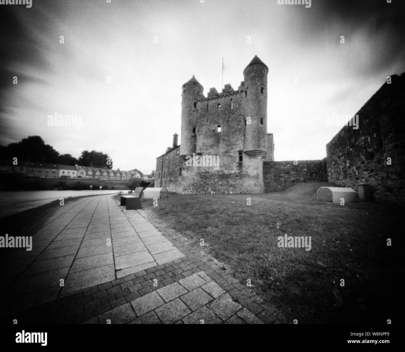 River Erne and Watergate, Enniskillen, Fermanagh, Ireland. This black and white camera obscura photo is NOT sharp due to camera characteristic. Taken Stock Photo