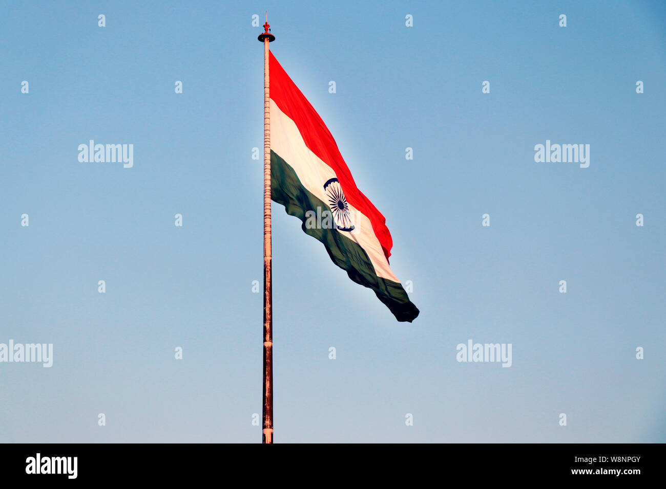 Indian National Flag waving.  The national flag of the republic of India. Picture taken from Wagha Border in Panjab, India. Stock Photo