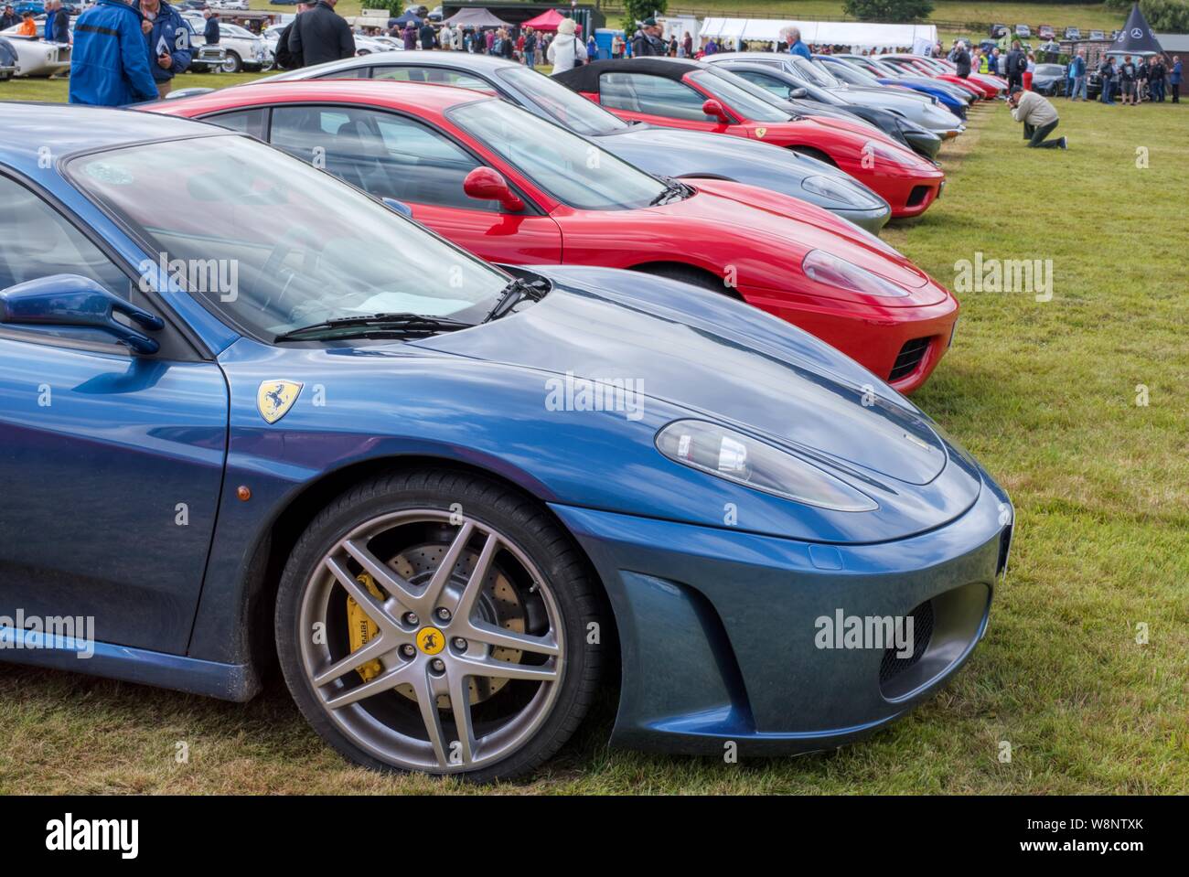 A line of Ferraris at a car show staged by Robert and Tanya Lewis at Old Kiln Farm, Churt, Surrey, UK Stock Photo