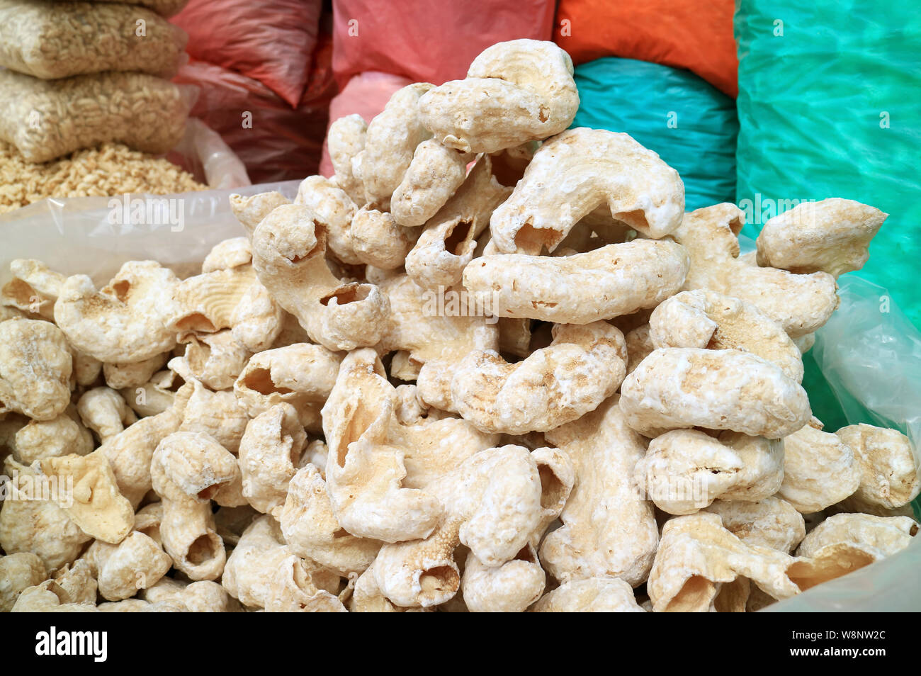 Pile of Bolivian Crispy Corn Snacks at the Local Market of Copacabana, Bolivia, South America Stock Photo