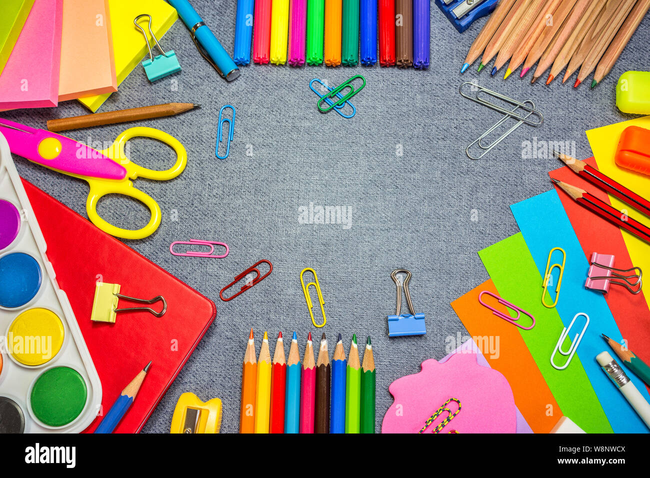 Back to school background with colorful school supplies. Top view with copy  space Stock Photo - Alamy