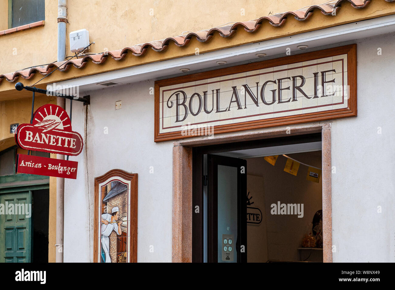 Baker's shop in Calvi, Corsica France.   This is a traditional artisan boulangerie baking fresh bread daily. Stock Photo