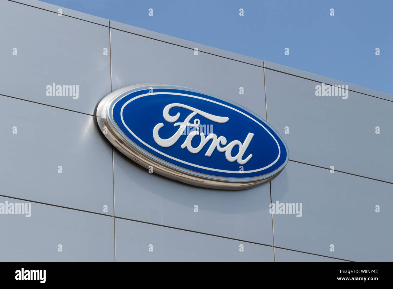 Indianapolis - Circa August 2019: Ford Car and Truck Dealership. Ford sells products under the Lincoln and Motorcraft brands Stock Photo