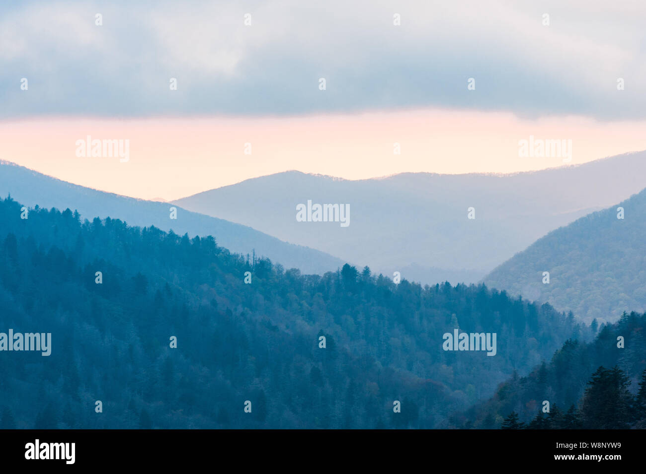 Oconoluftee Overlook is viewed at a colorful sunset evening on the Great Smoky Mountain National Park in Townsend, TN. Stock Photo