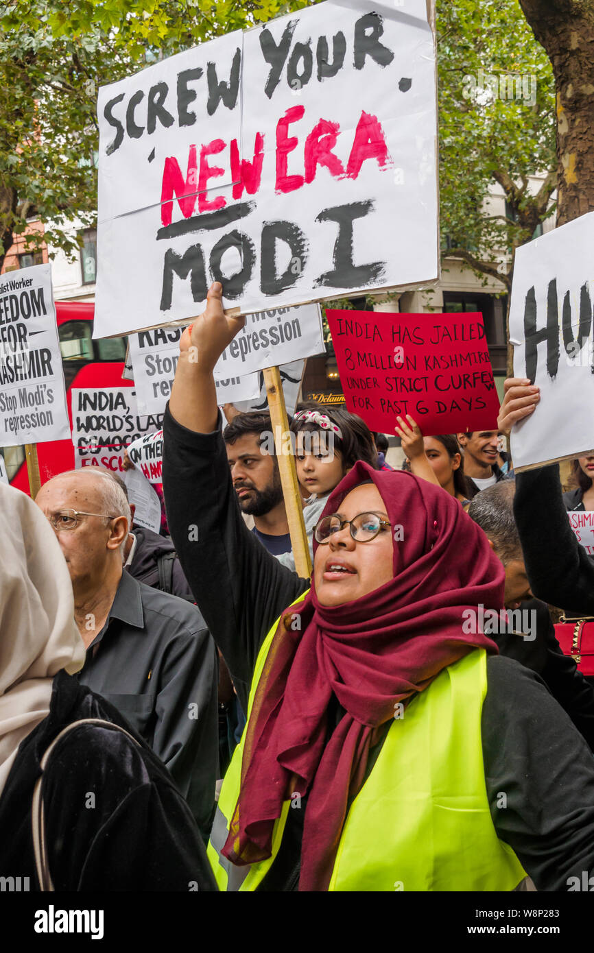 London, UK. 10th August 2019. Kashmiris protest angrily outside India House after India's President Modi revoked Article 370 of the Indian Constitution which guaranteed significant autonomy to the Muslim-majority state of Kashmir after the Independence partition of India and Pakistan. Kashmiris have been calling for independence, with armed revolt since 1989 suppressed by torture, deliberate blinding and killings by a huge Indian occupying force. They call Modi a Hindu fascist who has united the country against India. Later they protested in Trafalgar Square. Peter Marshall/Alamy Live News Stock Photo