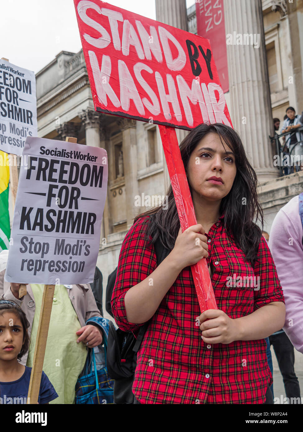London, UK. 10th Aug, 2019. Kashmiris protest in Trafalgar Square against India's President Modi who revoked Article 370 of the Indian Constitution which guaranteed significant autonomy to the Muslim-majority state of Kashmir after the Independence partition of India and Pakistan. Kashmiris have been calling for independence, with armed revolt since 1989 suppressed by torture, deliberate blinding and killings by a huge Indian occupying force. They call Modi a Hindu fascist who has united the country against India.Peter Marshall/Alamy Live News Credit: Peter Marshall/Alamy Live News Stock Photo