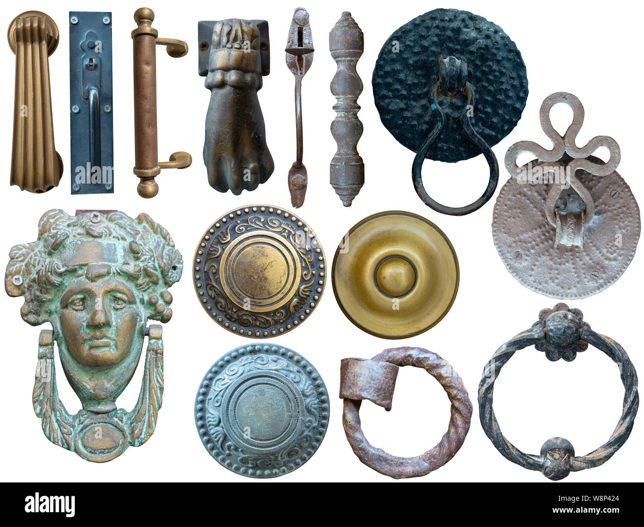 Collection of vintage and medieval door elements isolated on white. Door handles, door knock