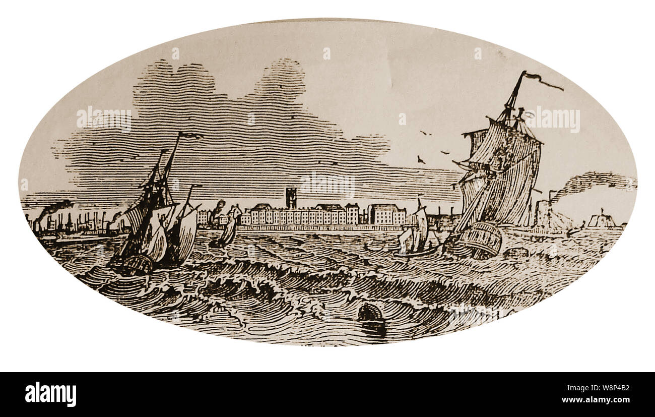 City of Kingston upon Hull popularly known as simply  Hull, England - Historic engraving showing the city from the sea in the 19th century Stock Photo