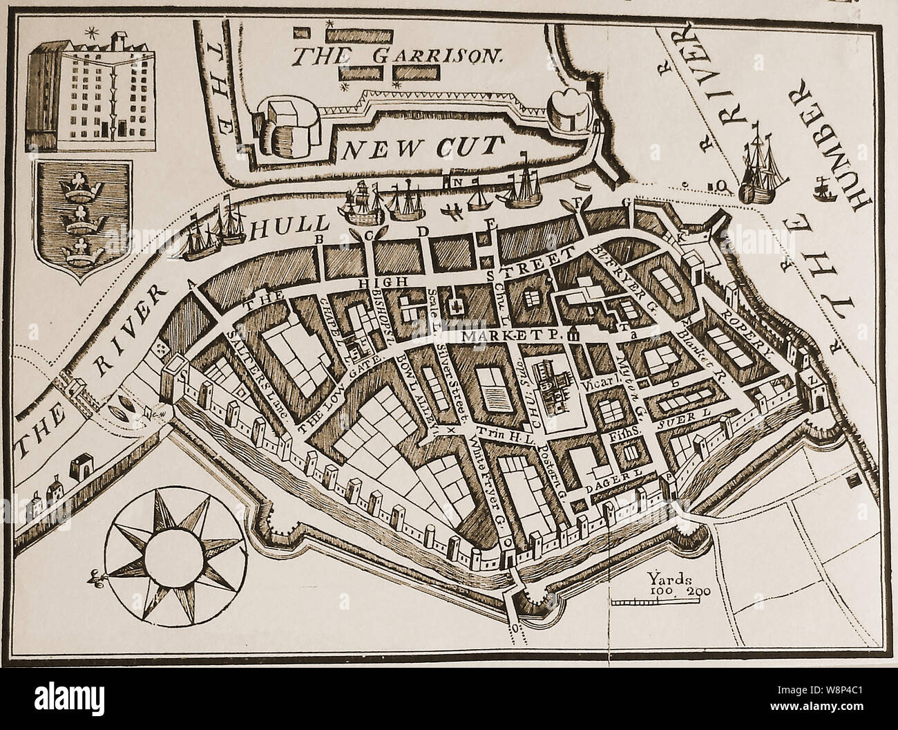 City of Kingston upon Hull popularly known as simply  Hull, England - Historic engraving - A map or plan of the city in 1735 with its streets and garrison Stock Photo