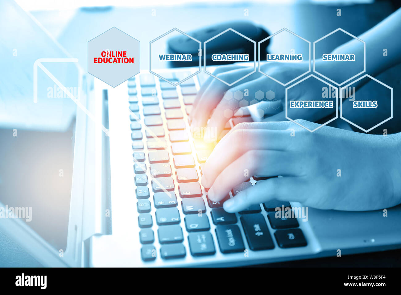 Close-up of typing female hands on keyboard. Online education concept Stock Photo