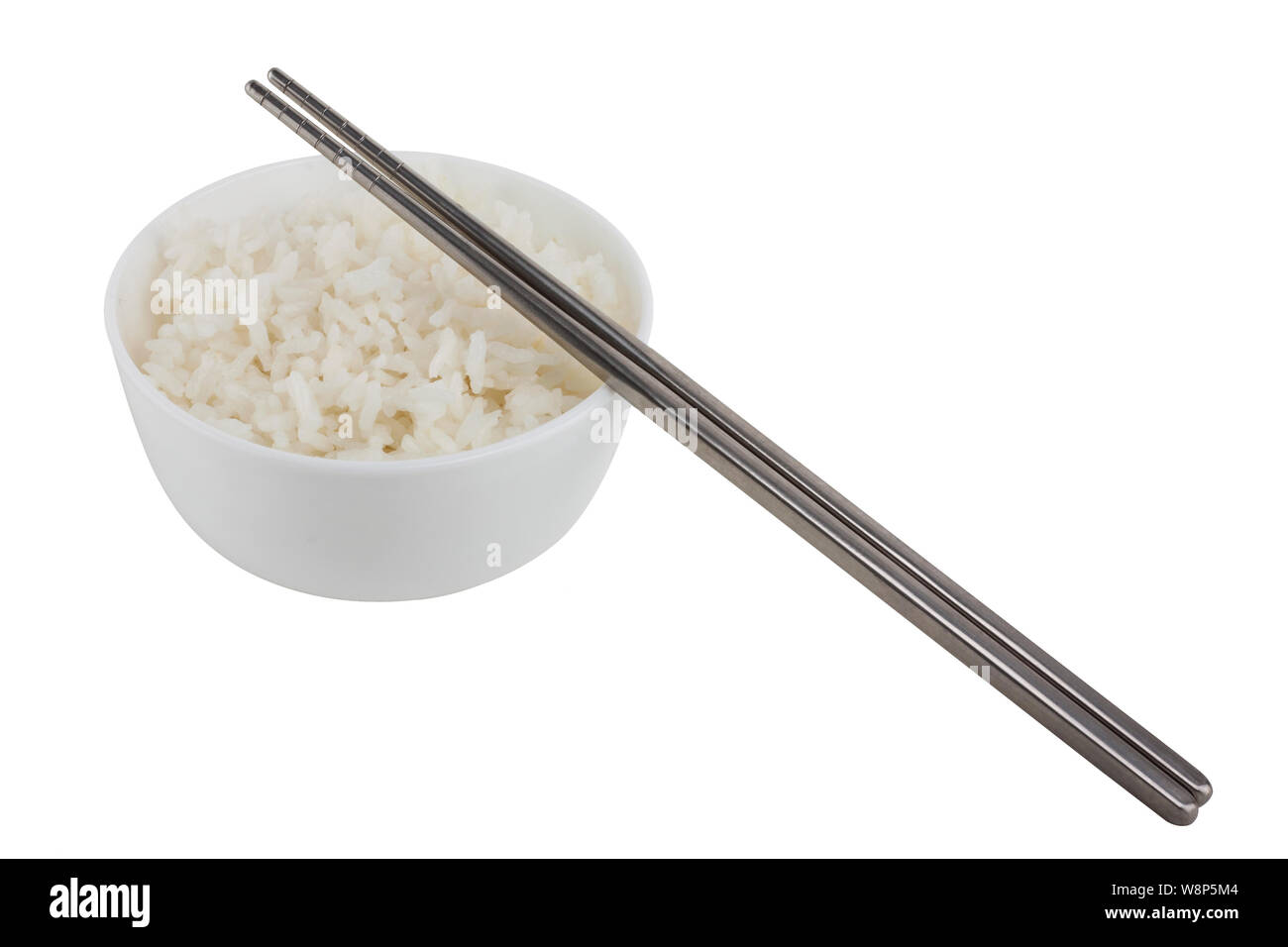 Bowl of rice with chopsticks isolated on white background Stock Photo
