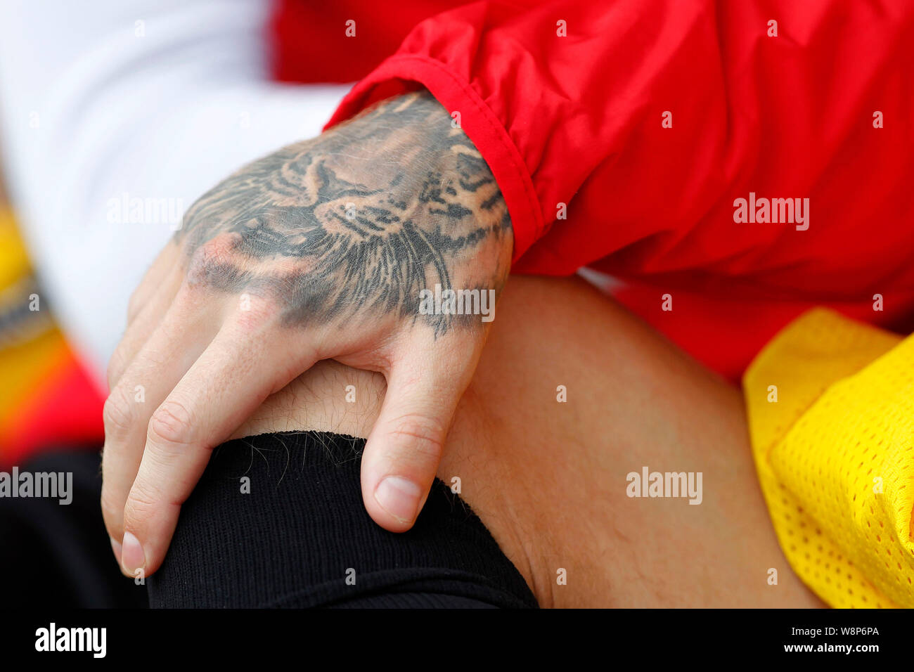 Crawley, UK. 10th Aug, 2019. A lion tattoo adorns the hand of Danny Whitehead of Salford City during the EFL Sky Bet League 2 match between Crawley Town and Salford City at the Checkatrade.com Stadium, Crawley, England on 10 August 2019. Photo by Carlton Myrie. Editorial use only, license required for commercial use. No use in betting, games or a single club/league/player publications. Credit: UK Sports Pics Ltd/Alamy Live News Stock Photo