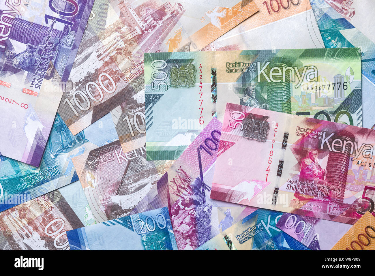 New 2019 Kenyan Shilling bank notes in various denominations Stock Photo
