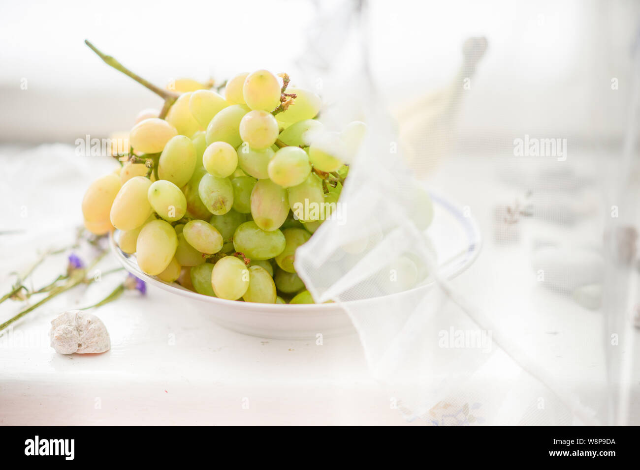 ripe green brush of grapes in a plate on a windowsill. Stock Photo