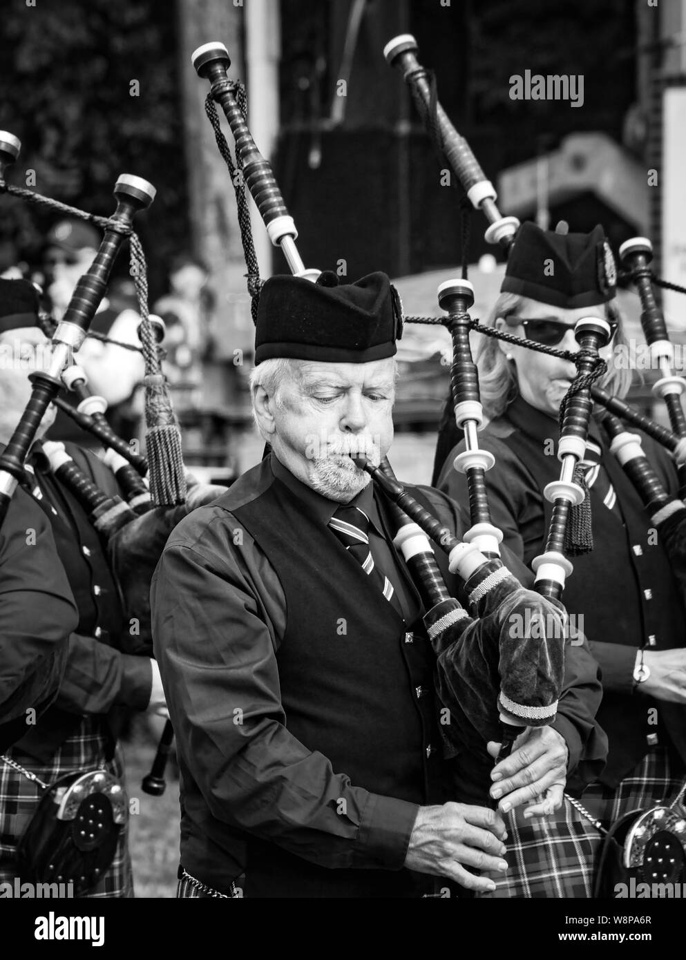 Fergus, Ontario, Canada - 08 11 2018: Piper of the Hamilton Police Pipes and Drums band paricipating in the Pipe Band contest held by Pipers and Pipe Stock Photo