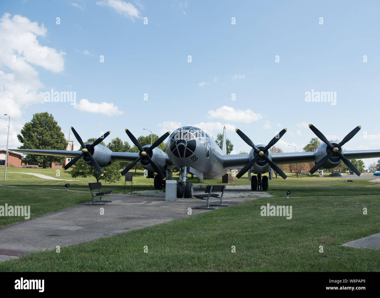 A B-29 Superfortress painted to commemorate “The Great Artiste”, a silverplate B-29 with the 509th Composite Group, sits as a static display on August 6, 2019, at the Spirit Gate at Whiteman Air Force Base, Missouri. The Great Artiste participated in both the atomic bombings of Hiroshima and Nagasaki 74 years prior, providing weather and documentation of the bombings. The aircraft was lost in a crash landing in 1949 in Labrador, Canada. (U.S. Air Force photo by Airman 1st Class Parker J. McCauley) Stock Photo