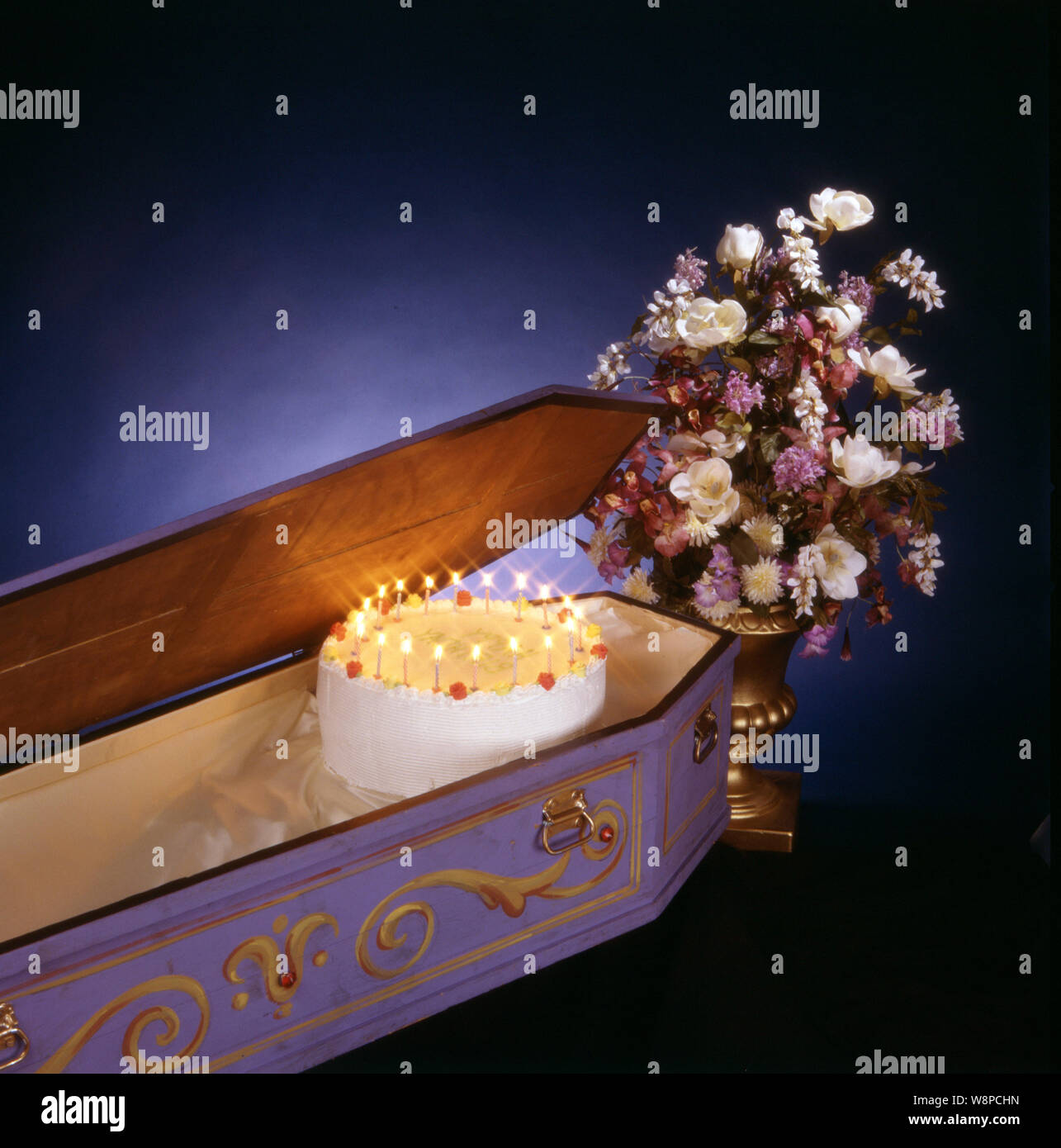 Birthday cake in coffin Stock Photo
