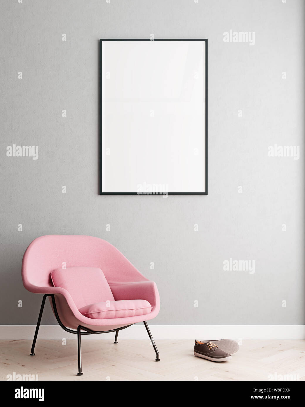 Vertical mock up poster frame in modern interior background, millennial pink armchair in living room, Scandinavian style, 3D render, 3D illustration Stock Photo