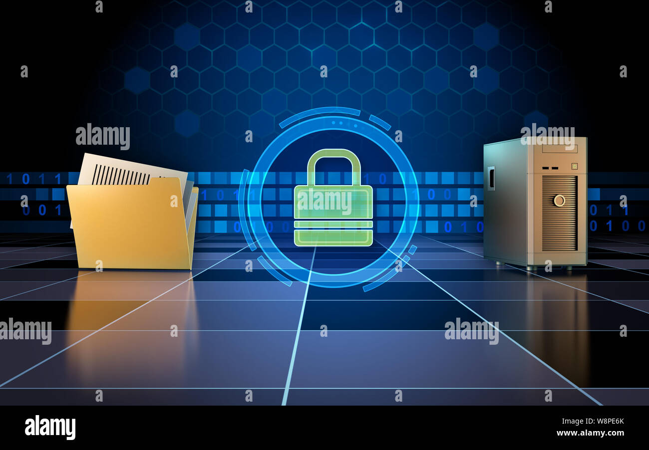 Secure connection between a workstation and a remote file location. 3D illustration. Stock Photo