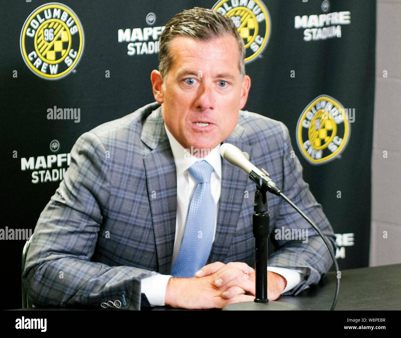Columbus, Ohio, USA. 10th August, 2019. Newly appointed Columbus Crew SC Executive Vice President, Chief Business Officer, Steve Lyons addresses the media in the press conference in Columbus, Ohio, USA. Brent Clark/Alamy Live News Stock Photo