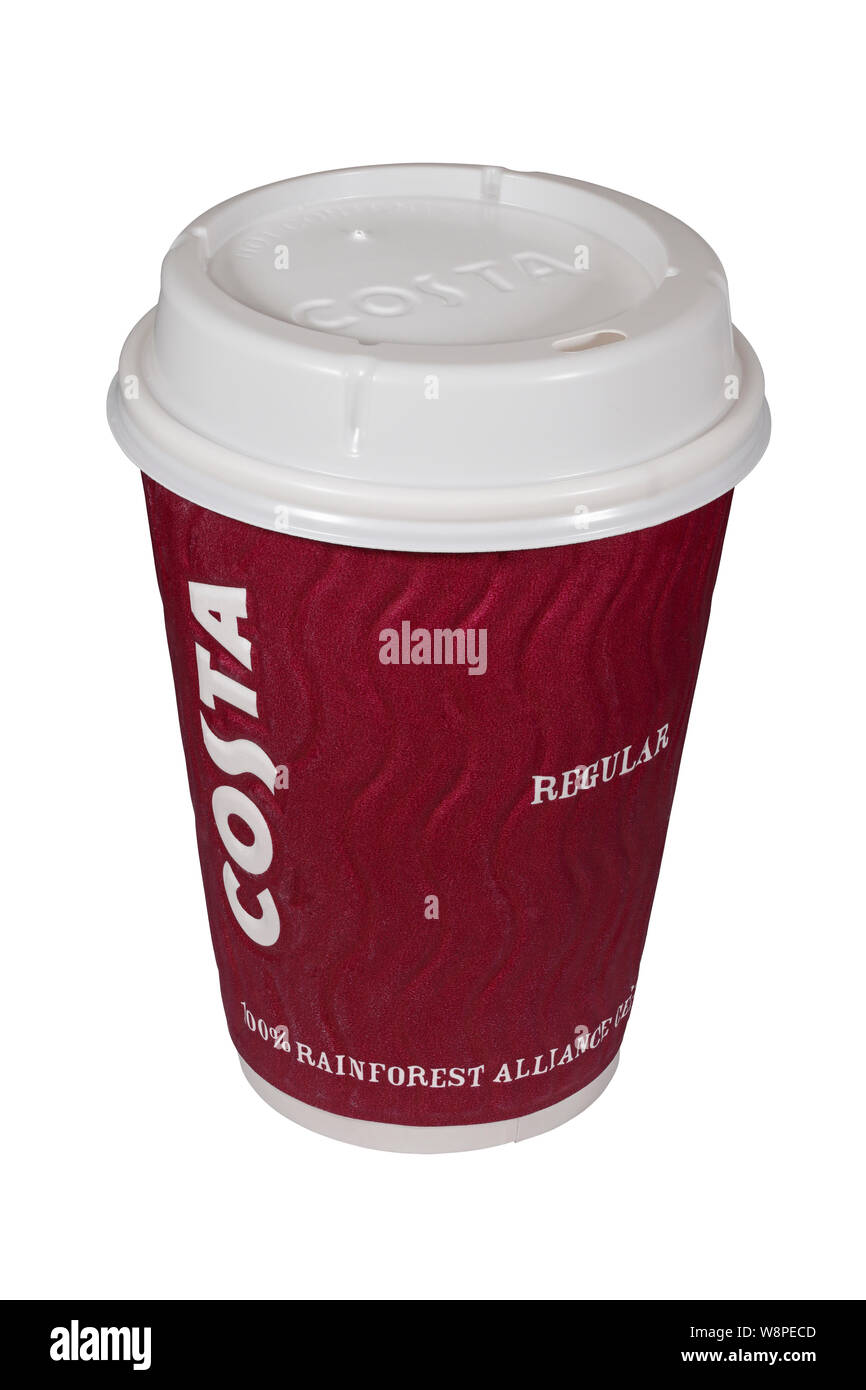 A Regular Costa Coffee Cup isolated on a white background.  100% Rainforest Alliance Certified Coffee. Stock Photo