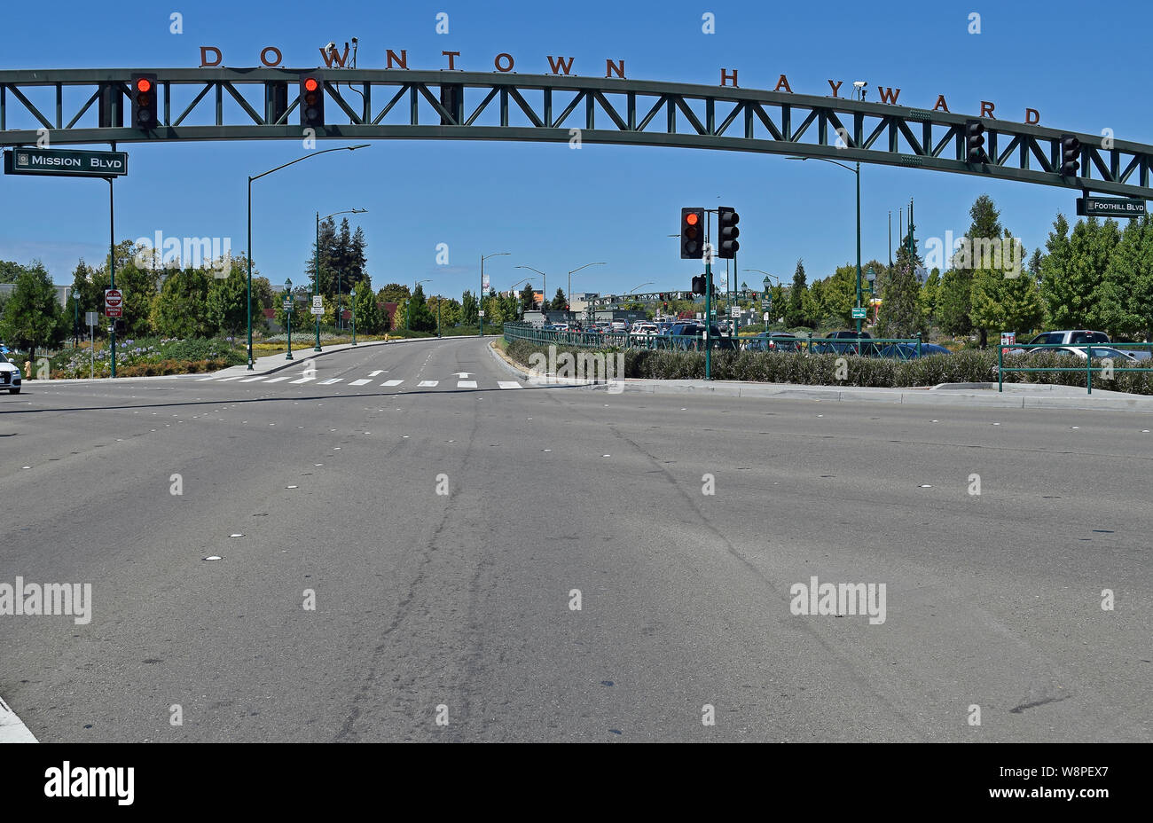 Downtown Hayward sign across Mission Boulevard, California Stock Photo Alamy
