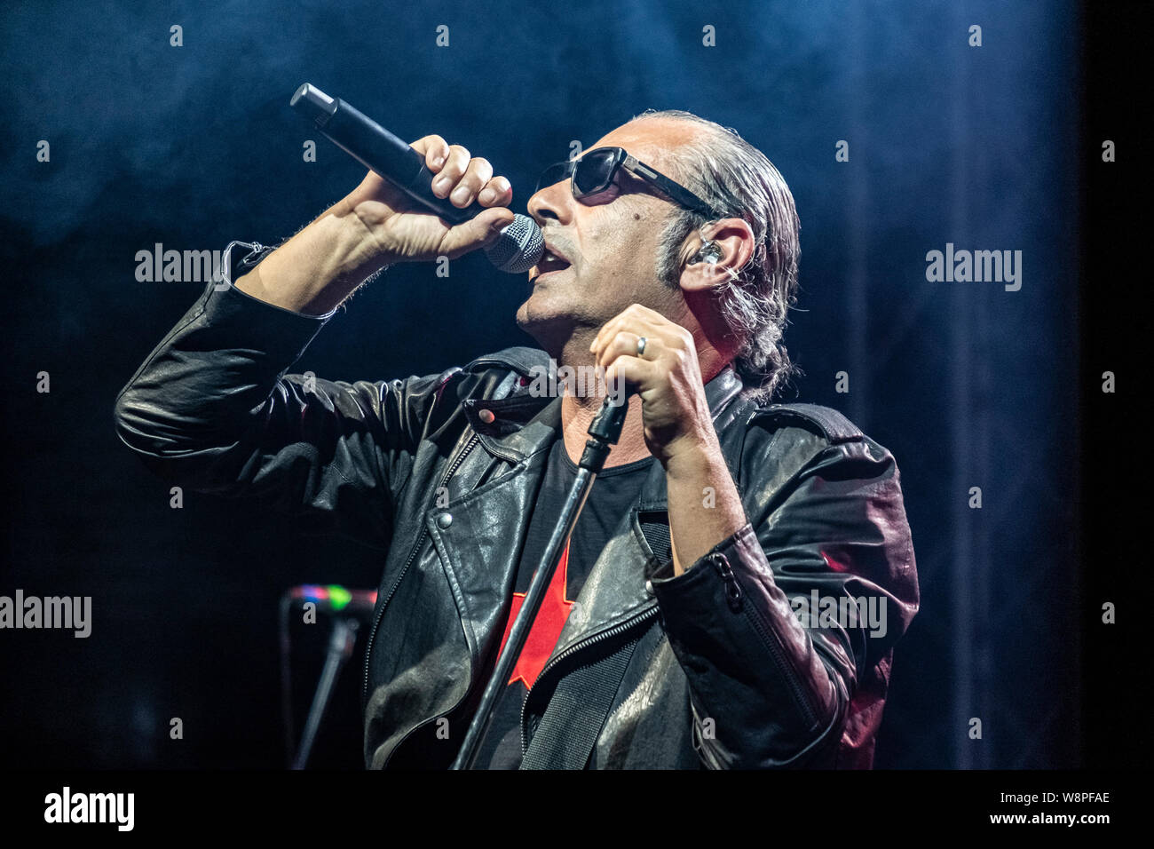 Italian singer and songwriter Luca Carboni, performs live on stage at Cantina dei Colli Ripani in Ripatransone during his “Sputnik Tour 2019”. Stock Photo