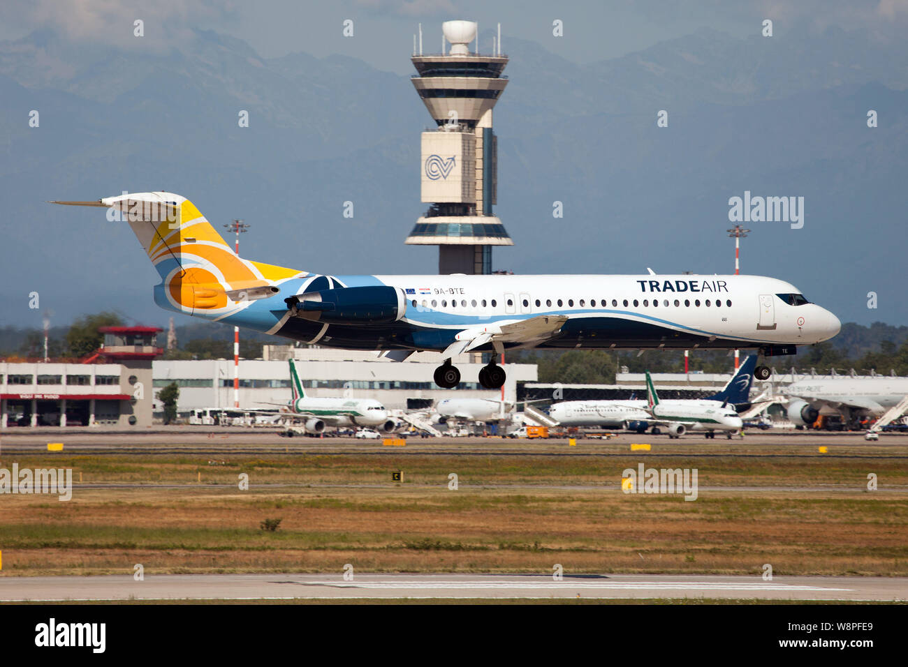 Milan, Italy. 3rd Aug, 2019. A Trade Air Fokker 100 flying on behalf of Air Italy due to the grounding of Boeing 737-800 MAXs, here seen landing at Milan Malpensa airport. Credit: Fabrizio Gandolfo/SOPA Images/ZUMA Wire/Alamy Live News Stock Photo