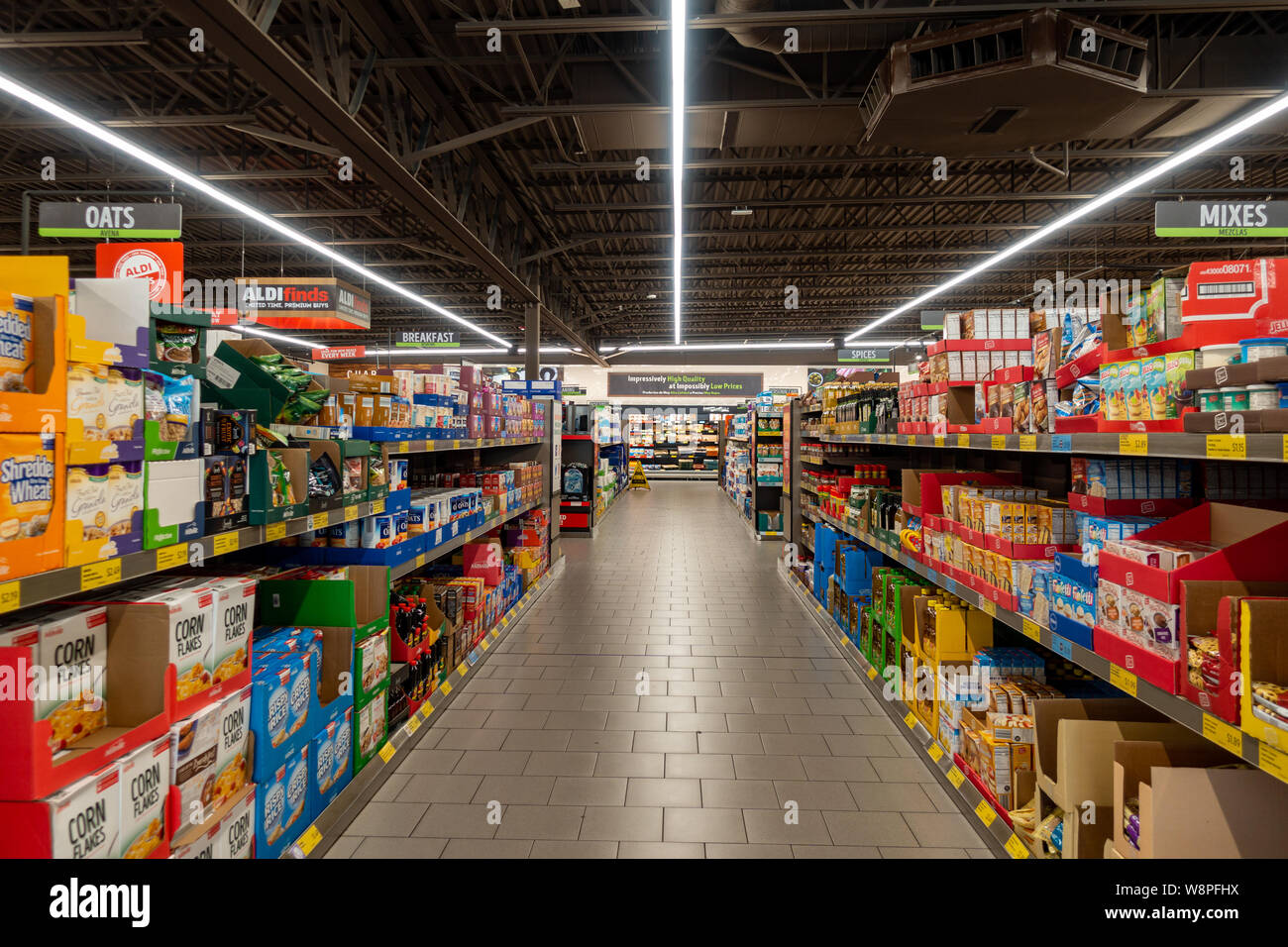 Ft. Pierce,FL/USA-810/19: The cereal and cake or dessert mix aisle of an Aldi store. Stock Photo