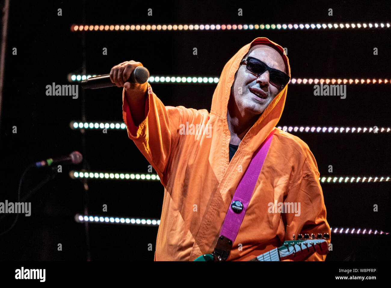 Italian singer and songwriter Luca Carboni, performs live on stage at Cantina dei Colli Ripani in Ripatransone during his “Sputnik Tour 2019”. Stock Photo